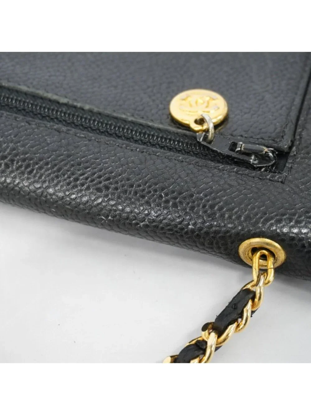 Chanel Shoulder Wallet Caviar Leather Black Gold